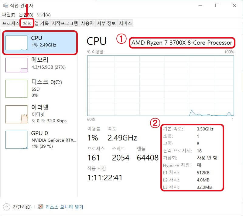 컴퓨터 사양 확인 작업관리자 CPU