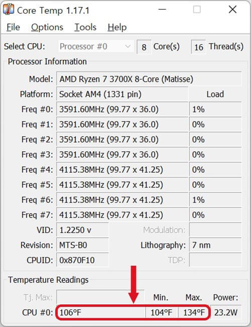 CPU 온도 확인 CoreTemp 화씨변경 완료