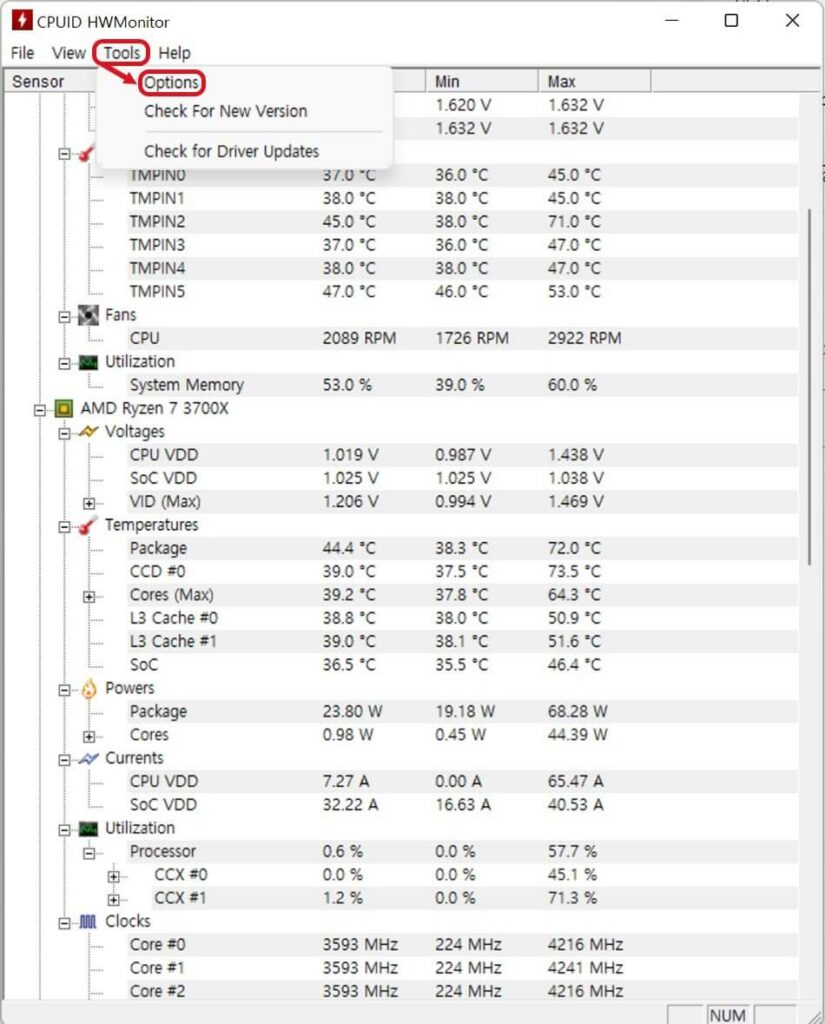 CPU 온도 확인 HWMonitor 화씨변경 옵션