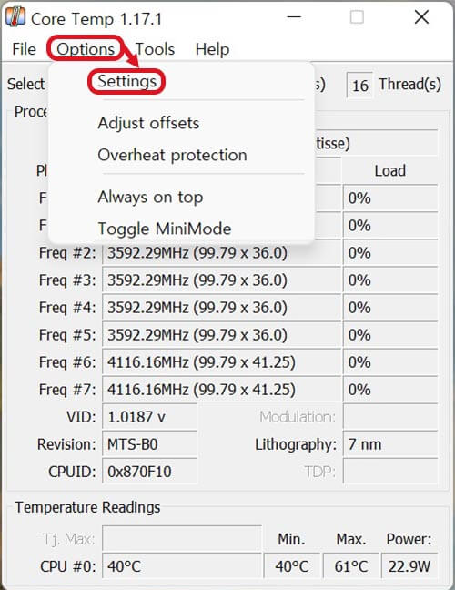 CPU 온도 확인 CoreTemp 화씨변경 옵션