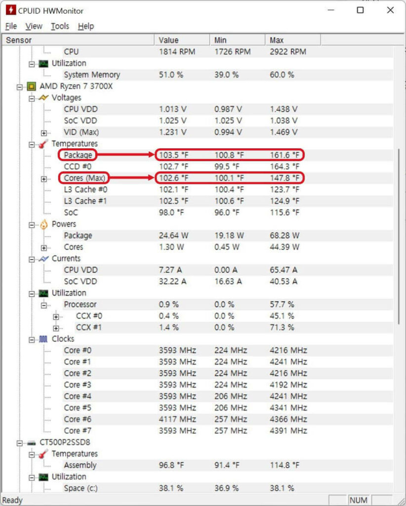 CPU 온도 확인 HWMonitor 화씨변경 완료