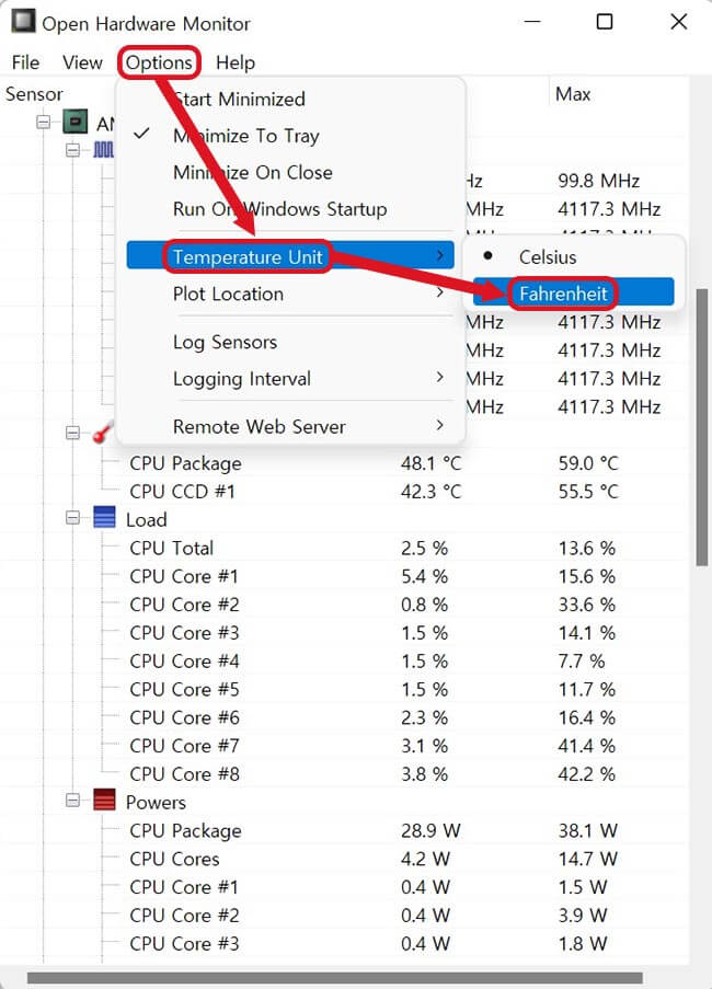 CPU 온도 확인 OpenHardwareMonitor 화씨변경 옵션 적용